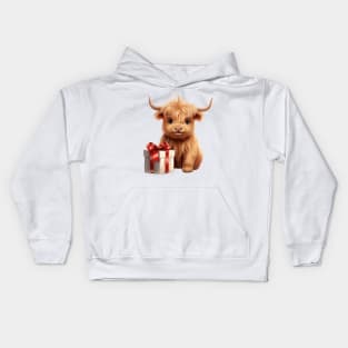 Baby Christmas Highland Cow With Gift Kids Hoodie